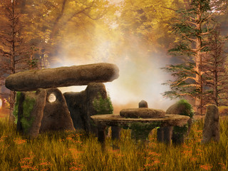Ruiny i starożytne kamienie na jesiennej łące © Obsidian Fantasy