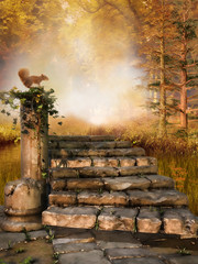 Kamienne schody z wiewiórką w jesiennym lesie - obrazy, fototapety, plakaty