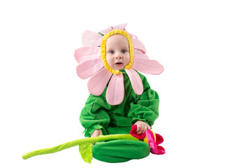 Adorable baby boy, dressed in flower costume on white