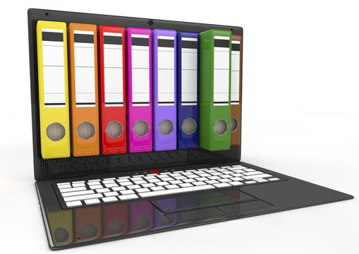 file in database. laptop with colored ring binders