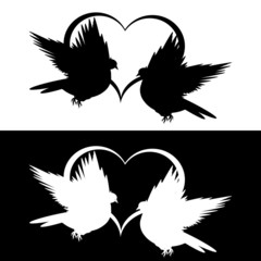 Monochrome silhouette of two flying doves and a heart