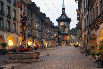 Fototapeta na wymiar Alley to clock tower at Bern on Switzerland