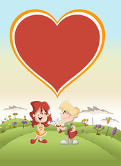 Couple of cute cartoon kids in love in the park