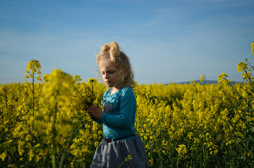 Naklejka na ściany i meble blond girl in the field of yellow flowers