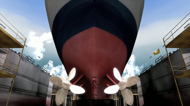 A ship inside drydock.	