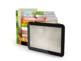 Tablet computer and books on white background