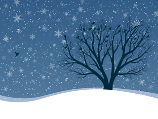 Winter card of snowfall with trees.