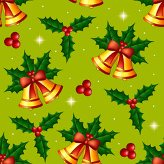 Christmas seamless pattern with holly and bells