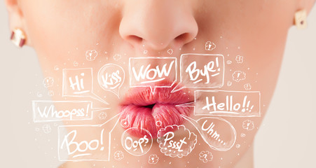 Fototapeta premium Beautiful red lips with white speech bubbles