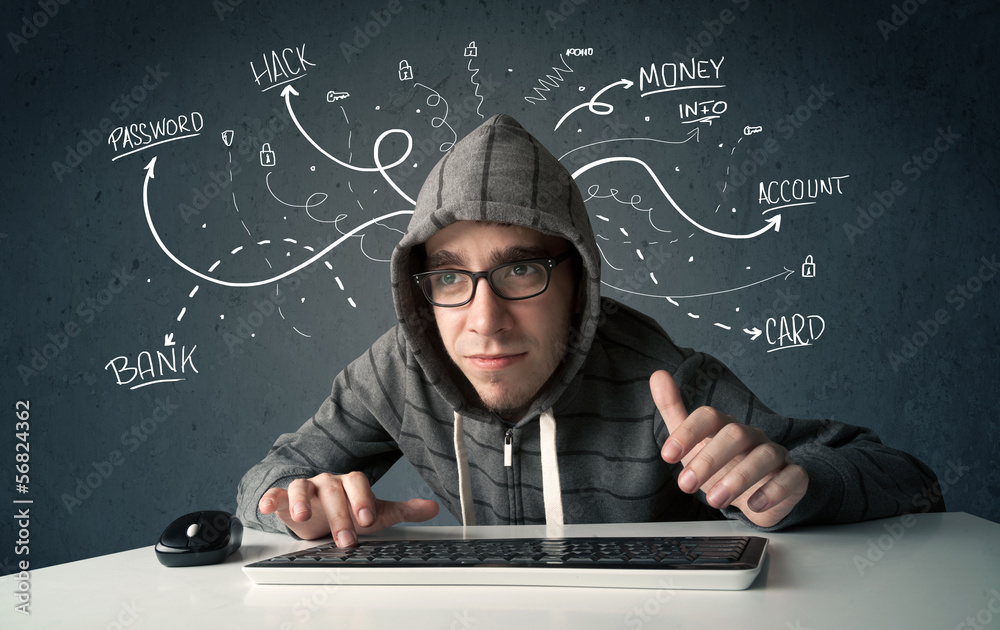 Poster young hacker with white drawn line thoughts