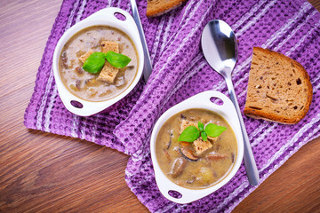Mushroom soup with potato and croutons