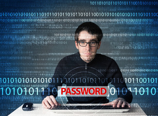Young geek hacker stealing password