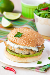 Fresh, delicious chicken burger in the Greek style with zucchini