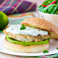 Fresh, delicious chicken burger in the Greek style with zucchini