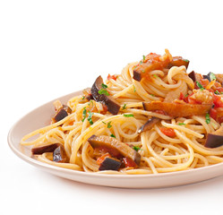 spaghetti with fried eggplant and tomatoes and sweet 