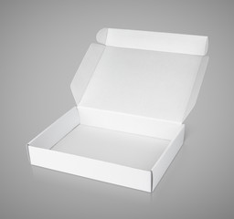 Open white blank carton pizza box on gray with clipping path