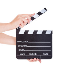 Hand Holding Clapperboard On White Background
