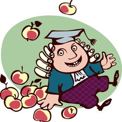 Isaac Newton sitting surrounded by apples