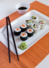 Delicious sushi rolls on white plate with chopsticks