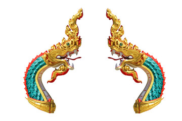golden naga in Temple of Thailand on white background