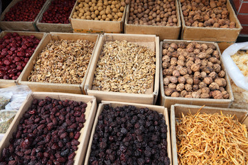 Dry fruits and nuts in a street market. Shanghai, China