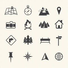 Map icons set, vector on texture background