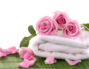 pink rose with petals and towel on green mat