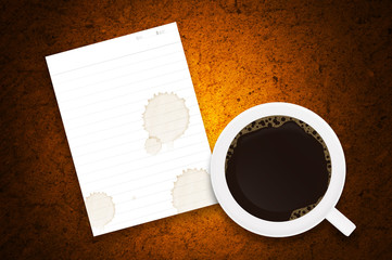 Obraz na płótnie Canvas coffee cup and white paper on brown grunge concrete