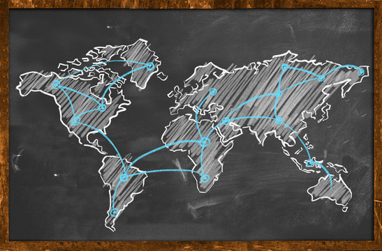 World map networking blue chalk