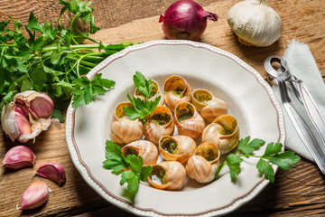 Homemade baked snails with garlic butter and fresh herbs