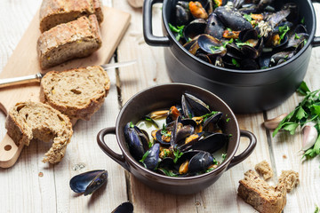 Fresh ingredients for a dish cooked with mussels