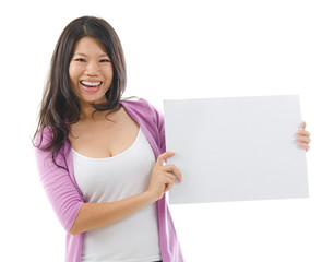 Asian woman showing a blank card board