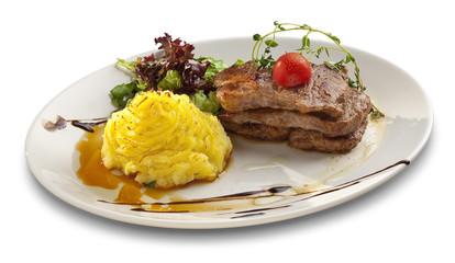 Grilled steak meat with mashed patetoes