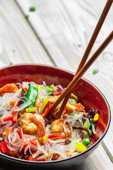 Vegetables with noodles and shrimp