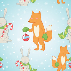 Christmas seamless pattern with winter bunny and fox