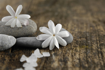 Fototapeta na wymiar White Salt and white flower ,pebbles on old wood background