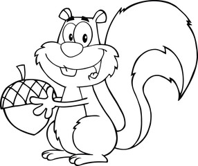 Black And White Cute Squirrel Character Holding A Acorn
