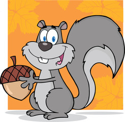 Cute Gray Squirrel Cartoon Character Holding A Acorn