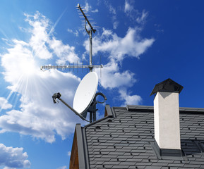 Satellite Dish and Antenna TV on Blue Sky - obrazy, fototapety, plakaty