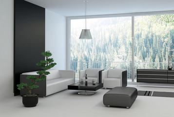 Black and white colored Living Room with floor to ceiling window