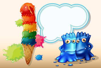 A giant icecream beside the two blue monsters
