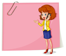 A lady using a cellphone standing in front of the empty signage