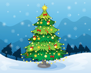 A christmas tree in the middle of the snowy land