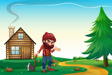 A hill with a wooden house and a lumberjack