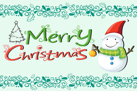 A christmas card with a snowman with a green scarf