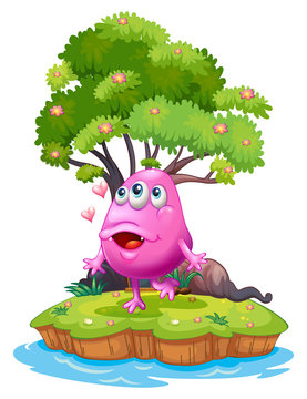 An island with a pink monster near the giant tree