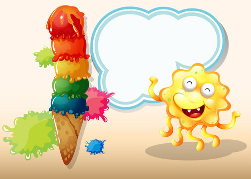 A giant icecream beside the happy yellow monster