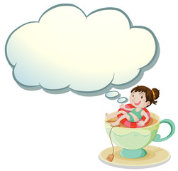 A happy girl swimming above the cup with an empty cloud template