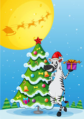 A zebra beside the tall christmas tree