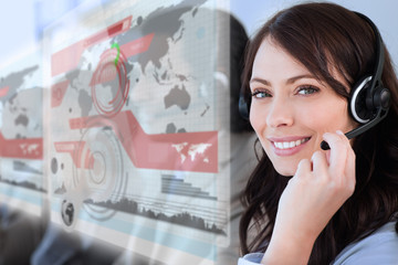 Cheerful businesswoman using futuristic interface hologram